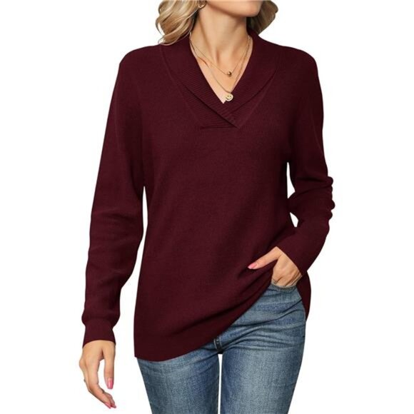 Women Long Sleeve V Neck Pullover Collar Knitted Sweaters - Picture 1 of 6